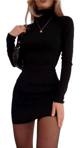 Vestido Casual Sexy Manga Corta Cuello Tortuga Negro 