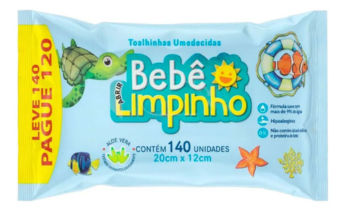 Lenço Toalha Umedecida Bebê Limpinho 140 Unidades