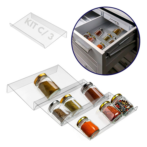Kit 3 Divisórias Porta Especiarias Gaveta Cozinha Suporte