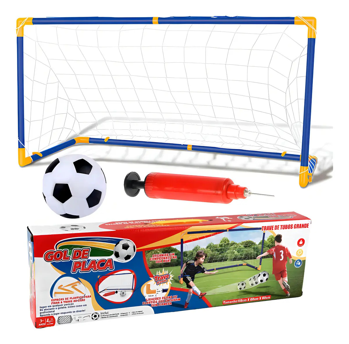 Trave de Futebol Infantil Mini Golzinho Travinha Montável Com Bola e Bomba 118x62x62cm For Kids