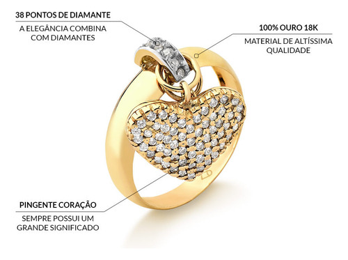 Anel Com Pingentes De Corações Em Ouro 18k Com 38 Pontos De