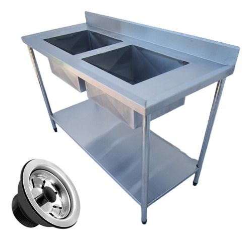 Pia Mesa Aço Inox Industrial 120x60x90 2 Cubas Paneleiro