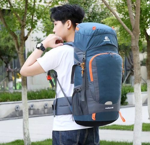 Mochila De Camping Weikani 65lt + Funda Para Lluvia Azul-naranja Liso (Usado)