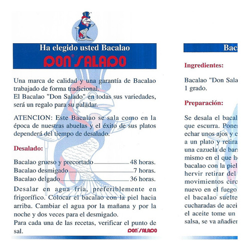 Folleto Tríptico Recetas De Bacalao / Don Salado (Usado)