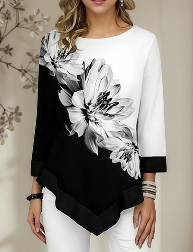 Blusa Estampada Floral De Mujer De Moda Talla Grande 3/4