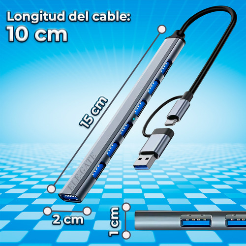 Hub Usb 3.0 7 Puertos Divisor Hub Usb Multipuerto Usb Tipo C Color Plateado Ele-Gate