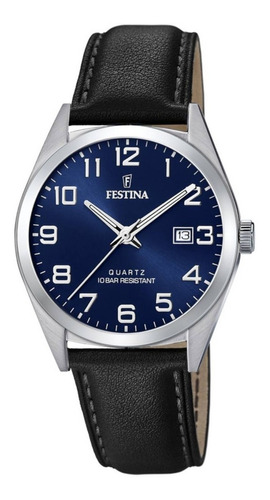 Reloj pulsera Festina F20446 con correa de cuero color negro - fondo azul - bisel plateado