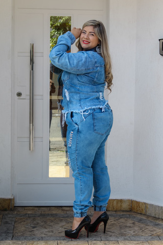 Imagem 3 de 5 de Conjunto Feminino Jeans Jaqueta E Calça Plus Size Inverno