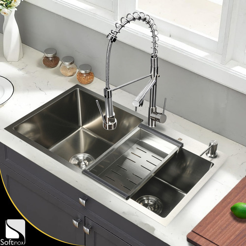 Cuba Dupla Gourmet Cozinha Inox 304 Anti Risco Nano PVD Escovada 78x43 cm Completa Com Acessórios Soft Inox