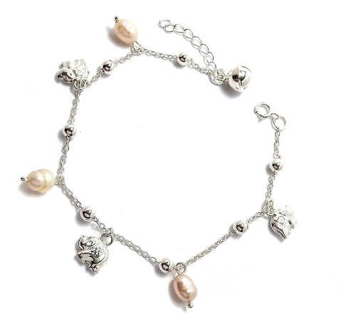 Pulsera Elefantes Perlas Colgantes Plata Fina 925 20cm