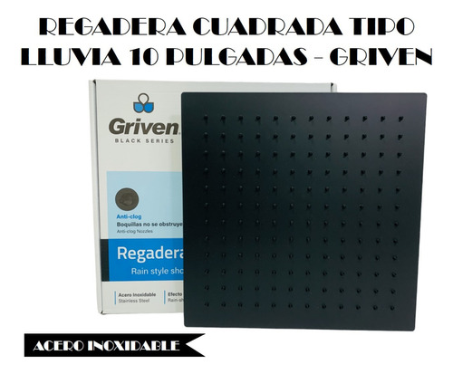 Regadera Ducha Cuadrada Tipo Lluvia 10pul Negro - Griven