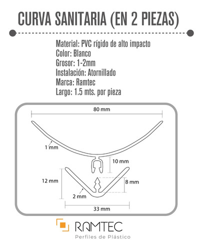 Imagen 2 de 6 de Moldura Curva Sanitaria En 2 Partes (10 Pzas Dobles 1.5mts)