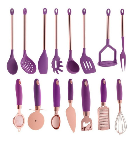Utensílios Silicone Para Cozinha Cabo Rose Gold 15 Peças