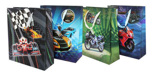 Imagem 1 de 3 de Sacolas Para Presentes Decoradas Kraft Corrida Carros Com 12