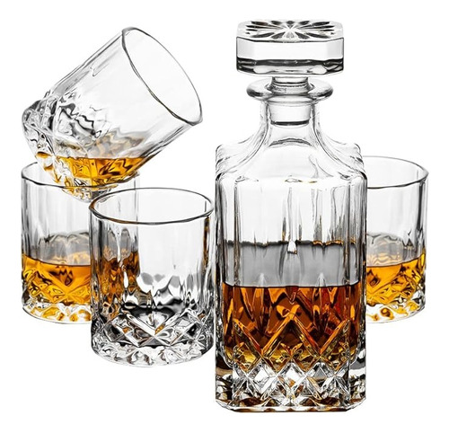 Set Decantador De Whisky + 4 Vasos Diseño Elegante