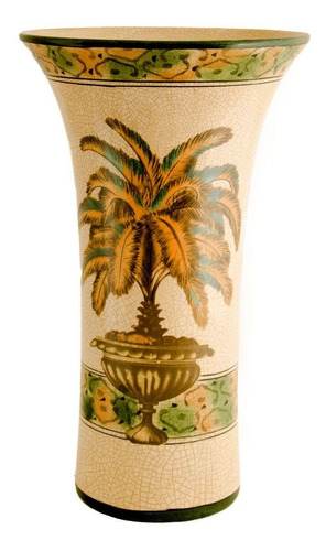 Vaso Em Cerâmica Craquelê, Fundo Claro, Pintura De Palmeiras