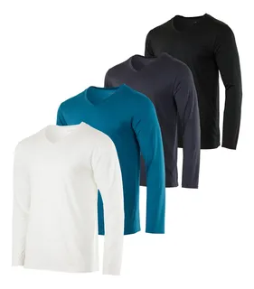 Paquete De 4 Playeras Manga Largo Cuello V Hombre Básica