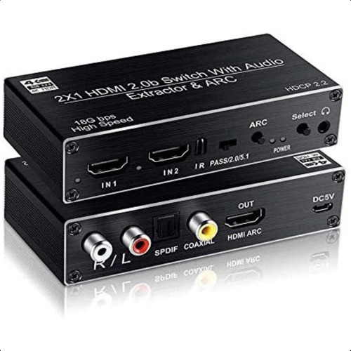 Switch Hdmi 4k 60hz 2x1 Com Extrator De Áudio Uhd Kit C/ 20