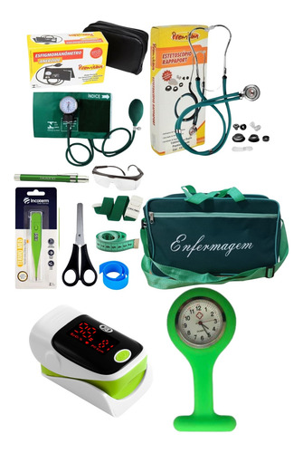 Kit De Enfermagem Verde P.a Med Com Esteto Esfigmo E Relógio