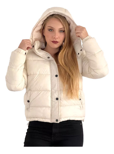 Campera Puffer Inflable Mujer Corderito Capucha Desmontable