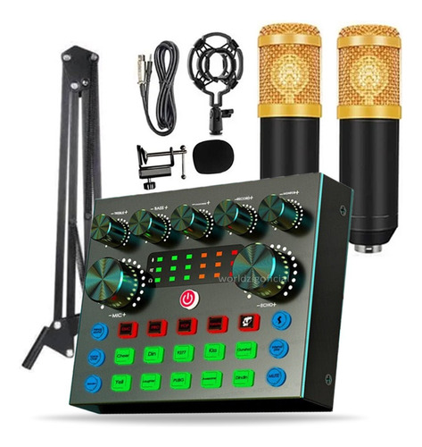 Kit Live Broadcast Mini Mixer V8s + 02 Microfones Condenser
