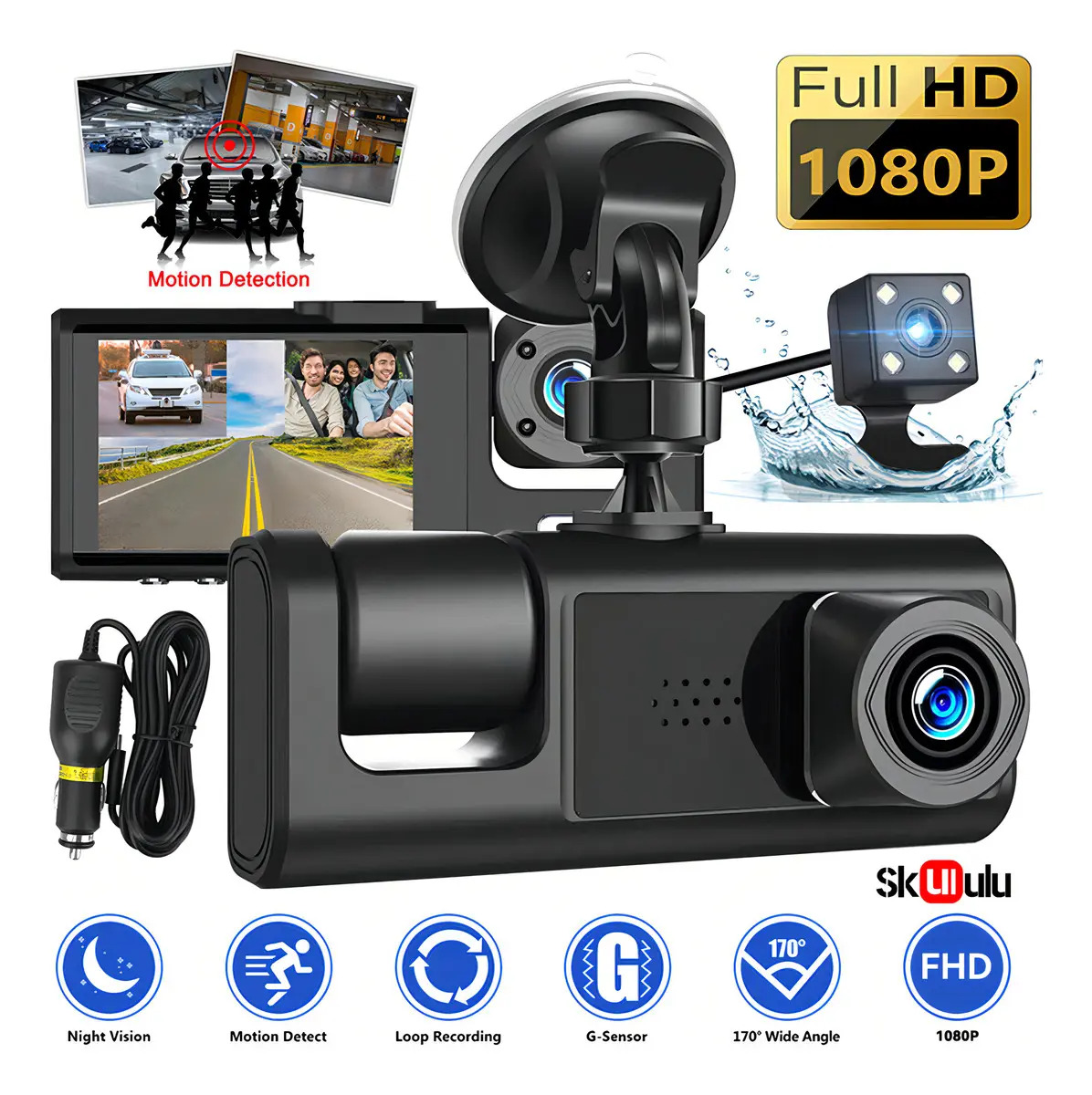 Skululu Cámara De Salpicadero DashcamFor Automovil 3 1080p 170° Grabación De GranAngular dash cam Cámara de visión nocturna