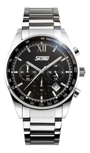Reloj pulsera Skmei 9096 con correa de acero inoxidable color plateado - fondo negro - bisel negro/plateado