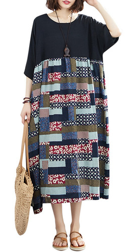 Vestido Em Algodão E Linho Manga Curta Decote Redondo