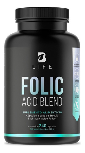 Ácido Fólico 240 Cáps Con Espinaca. Folic Acid Blend B Life. Sabor Sin sabor