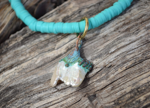 Imagen 6 de 10 de Collar Turquesa Con Perla Natural De Rio, Gatito, Cod1