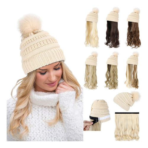 Qlenkay Gorro De Punto Con Extensiones De Pelo Largo Ondulad