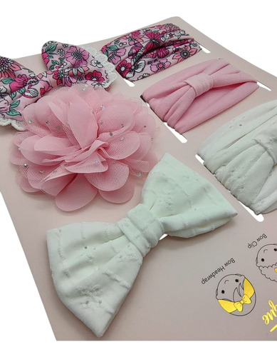 Diadema Banda Moño Bebe Niña 6pk Importado Blanco Rosa Flores
