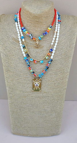 Imagen 1 de 1 de Set 3 Collares Perlas Y Ojos Con Dije Carta Tarot