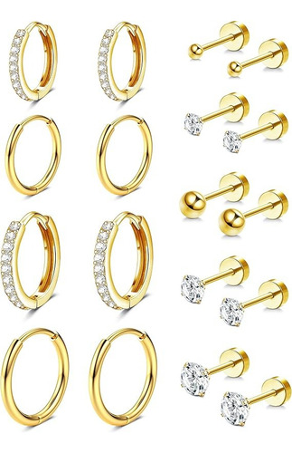 9pare Aretes De Oro 14k Mujer Arracadas Piercing Cartílago