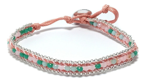 Pulsera Cordón Rosado Ajustable Cristales Rosado Y Verde