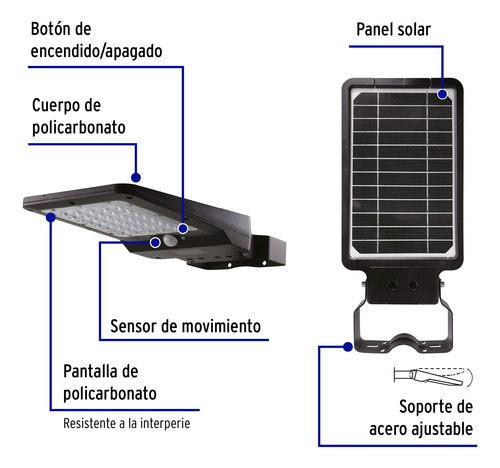 Luminario Suburbano Led 8 W C/panel Solar, Volteck 46957 Negro
