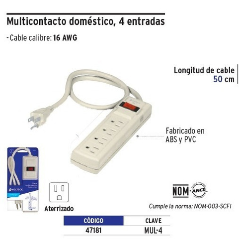 Imagen 3 de 3 de Multicontacto Uso Doméstico 4 Entradas 16 Awg Volteck 47181