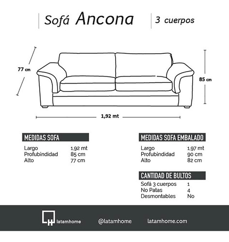 Sofa Ancona 3 Cuerpos Pu Grano - Latam Home