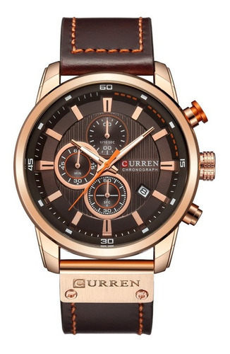 Relógio Masculino Pulseira De Couro Quartzo 8291 + Caixa Cor da correia Rose Café