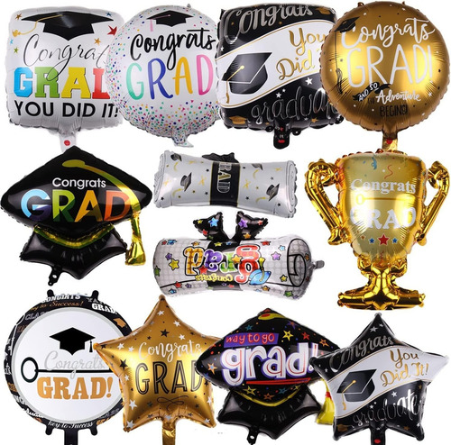 Globos Graduacion 12 Piezas Birrete, Diploma, Estrella Color Negro