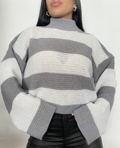 Poleron Invierno Lana Frizz Casual Buzo Rayado Sweater
