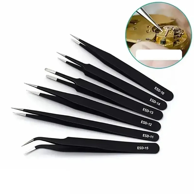 Juego De 6 Pinzas De Precision Antistaticas Esd De Acero Inoxidable Pinzas Profesionales Para Electronica Soldadura Reparación De