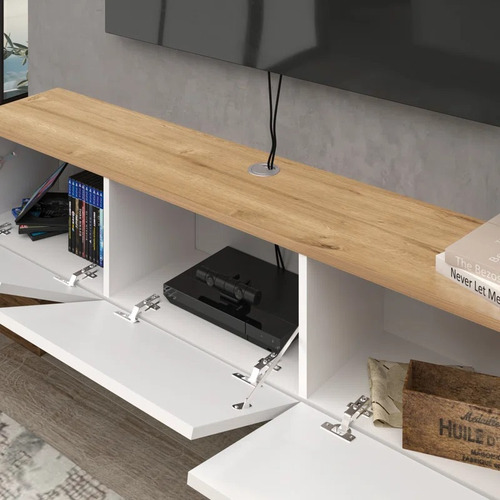 Rack Tv Mueble Moli 1.50 Mts Moderniza Con Calidad Tu Living Blanco Con Hickory