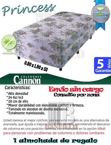 Sommier Y Colchon Cannon Princess 1 Plaza 80 X 190 Envios