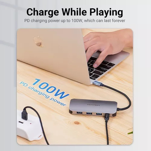 Hub USB Multipuerto Vention 5 en 1 Usb C A HDMI 3 Puertos Usb 3.0 Power delivery USB C 100W 4K 30Hz Carcasa Aluminio 15 CM Premium Para Teclado Disco rigido Mac Laptop THFHB color plateado