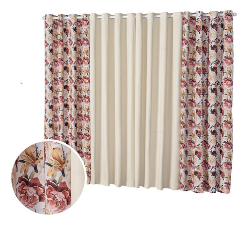 Cortina Floratta 2,00 X 1,70m Sala Quarto Estampada Floral Cor Palha