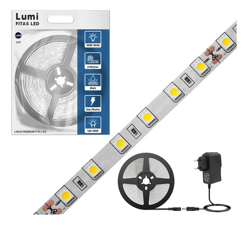 Luminario Fita Super Led 5050 2m 60 Smd/m 12v Ip65 Brilho Decorativos Branco Frio Com Fonte Alimentaçao