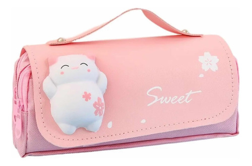 Estuche Rosado De Gran Capacidad Squishy De Gato Kawaii