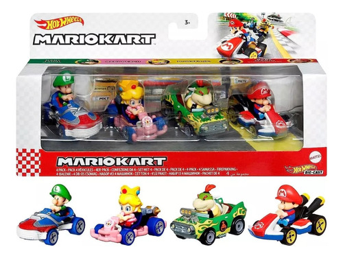 Hot Wheels Mario Kart 4 Pack Bebes Mario Peach Luigi Y Bowse