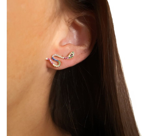Brinco Ear Cuff Cobra Em Zircônias Colors Banhado A Ouro